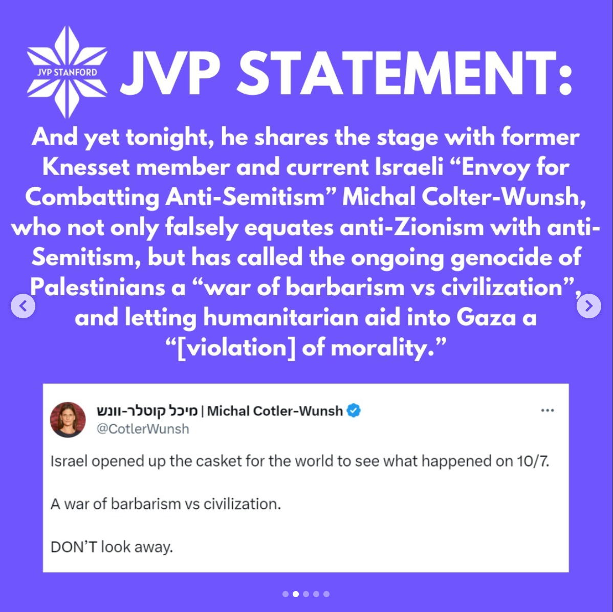 A screenshot that includes a JVP statement criticizing Saller's decision to share the stage with Colter-Wunsh.